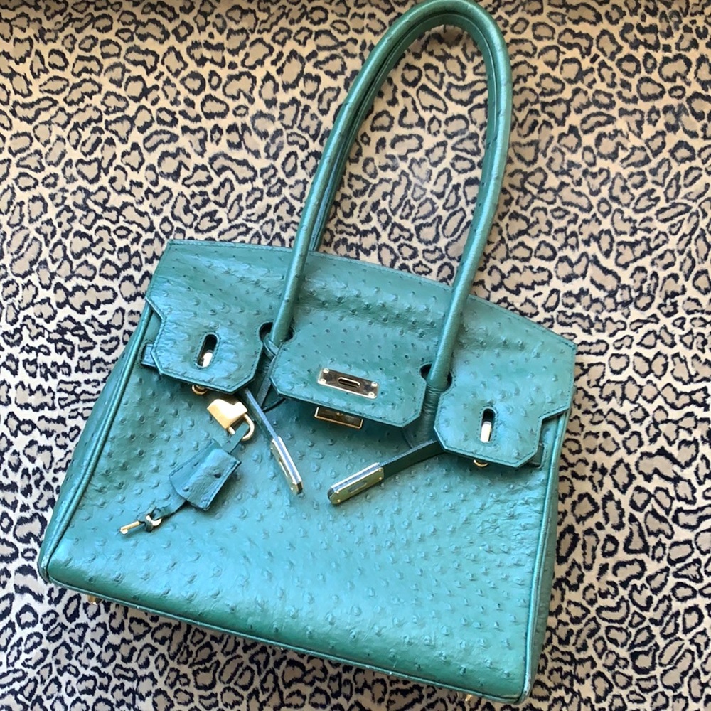 Vintage Renouard Paris Green Ostrich Leather Kelly Bag XL Made in France